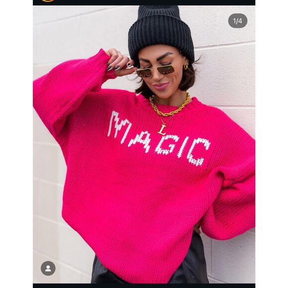 DRESSED IN LALA Hot Pink MAGIC Oversized Slouchy Chunky Knit Sweater sz S/M - Picture 1 of 9